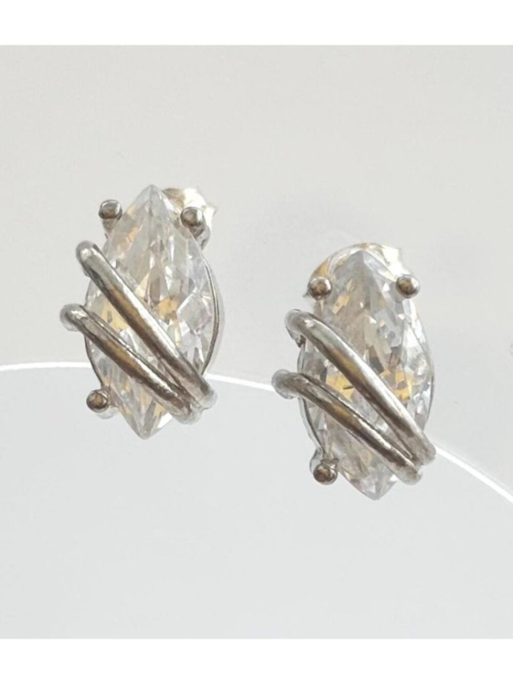 Modernist Marquise CZ Dainty Sterling Silver 925 Stud Vintage Earrings